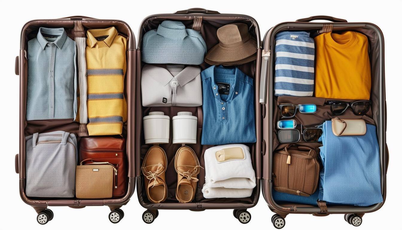 An image of different holiday essentials packed neatly in luggage, including clothing, toiletries, and other travel items for various destinations lik