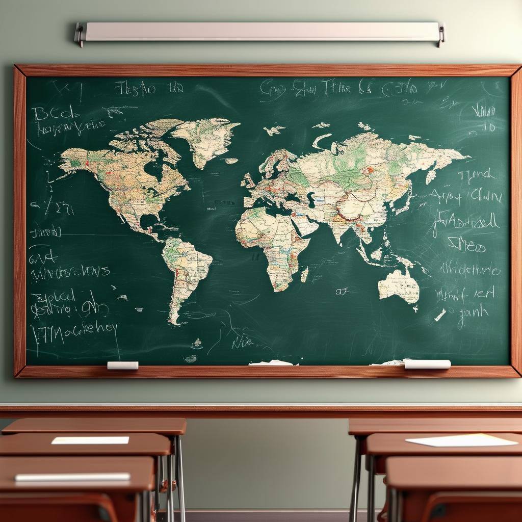 Chalk board in a classroom with a world map pinned on it